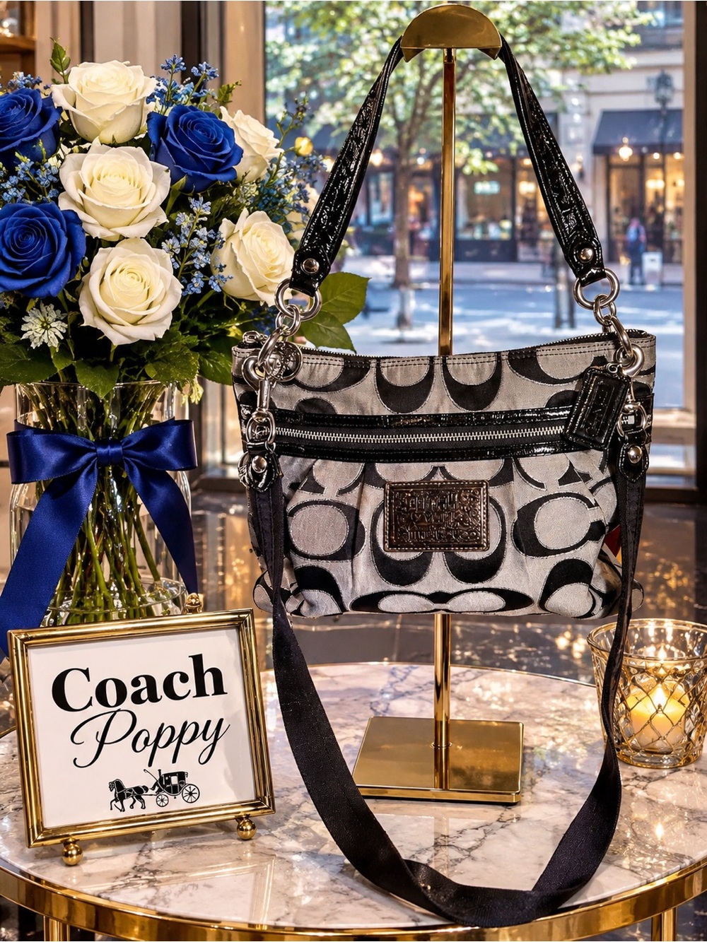 Coach Poppy Signature Canvas Crossbody in Black & Cream - Picture 1 of 8